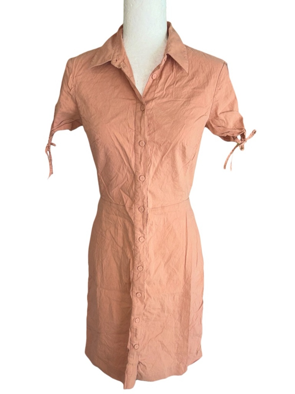 Theory Button Down Peach Eco Crunch Wash Bow Tie Sleeve Mini Shirt Dress - 4